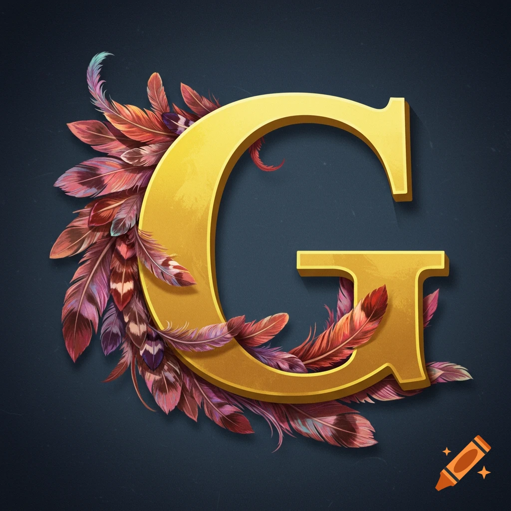 A large, shiny gold letter G adorned with colorful feathers on a dark background.