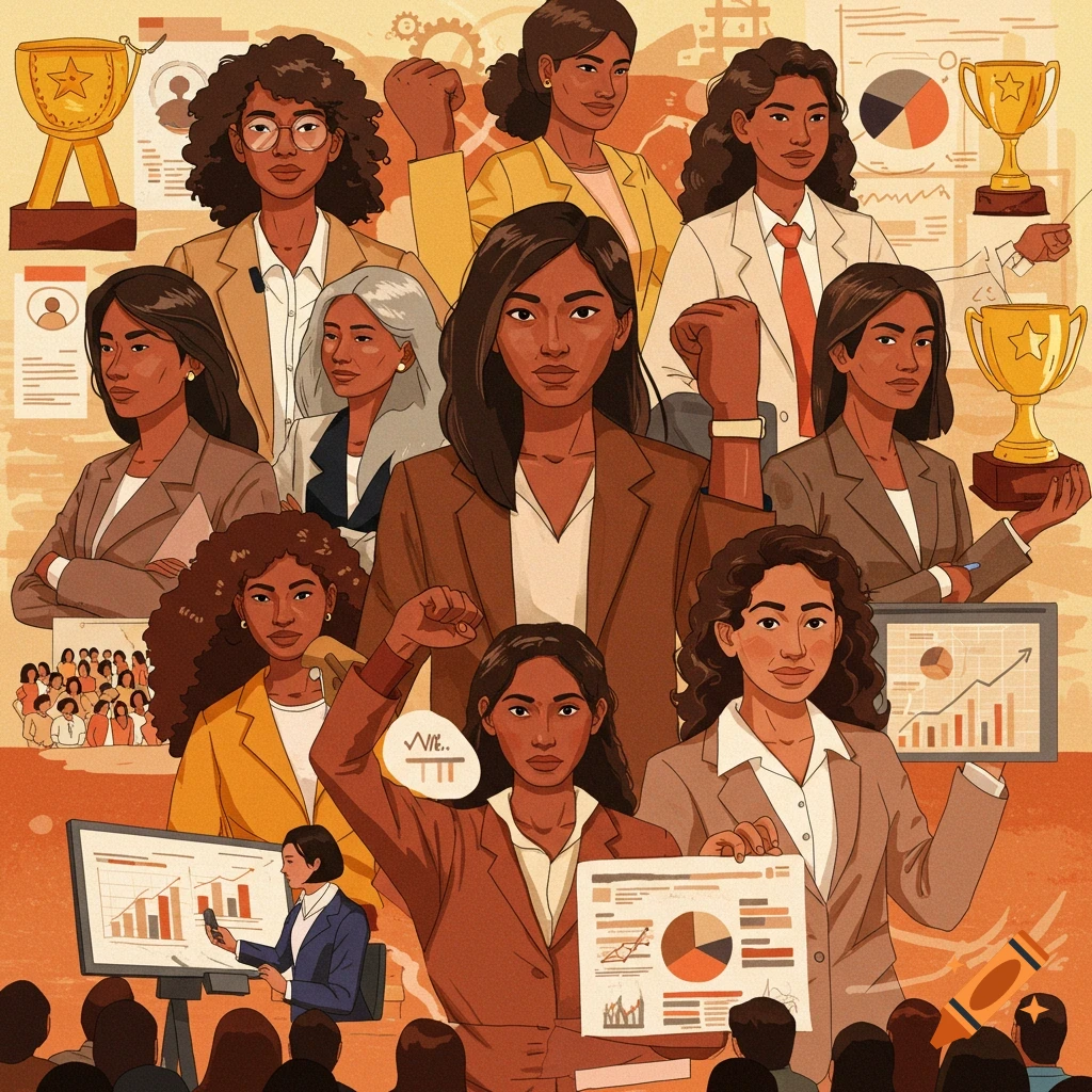 Women in business suits, holding charts and trophies, representing leadership and achievement.