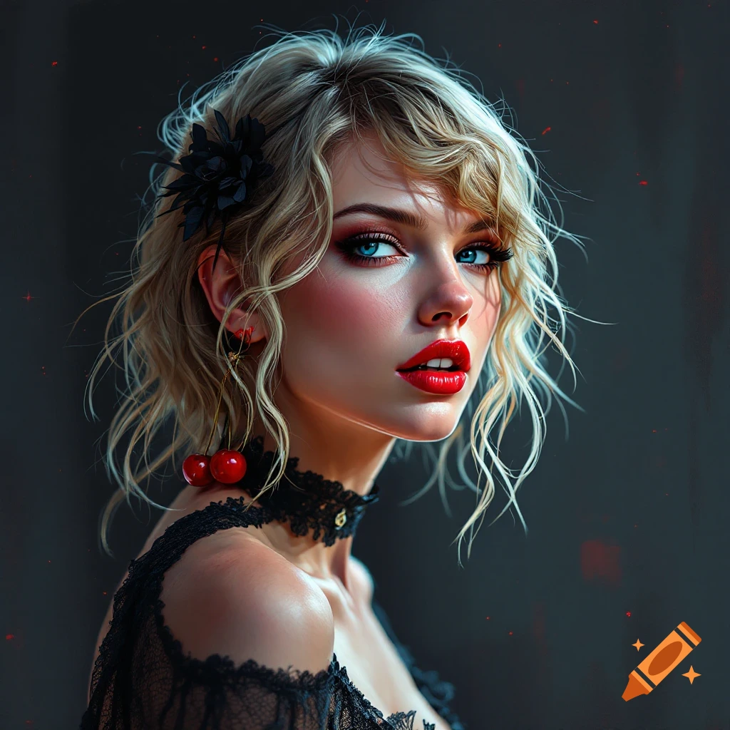 Digital art portrait of a woman with blonde hair, red lipstick, blue eyes, wearing a black lace outfit and cherry earrings.