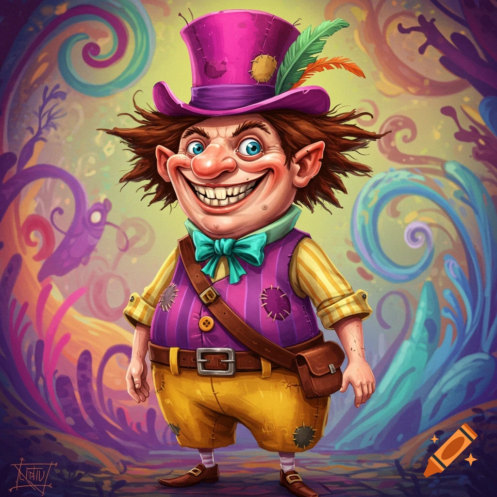 A cartoonish, grotesque character with a wide grin, wearing a pink top hat and purple vest, standing in a colorful, surreal landscape.