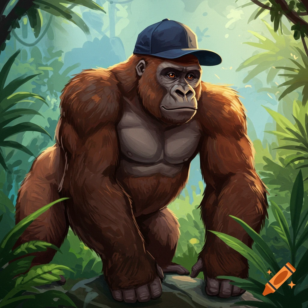 A gorilla wearing a navy baseball cap in a jungle.