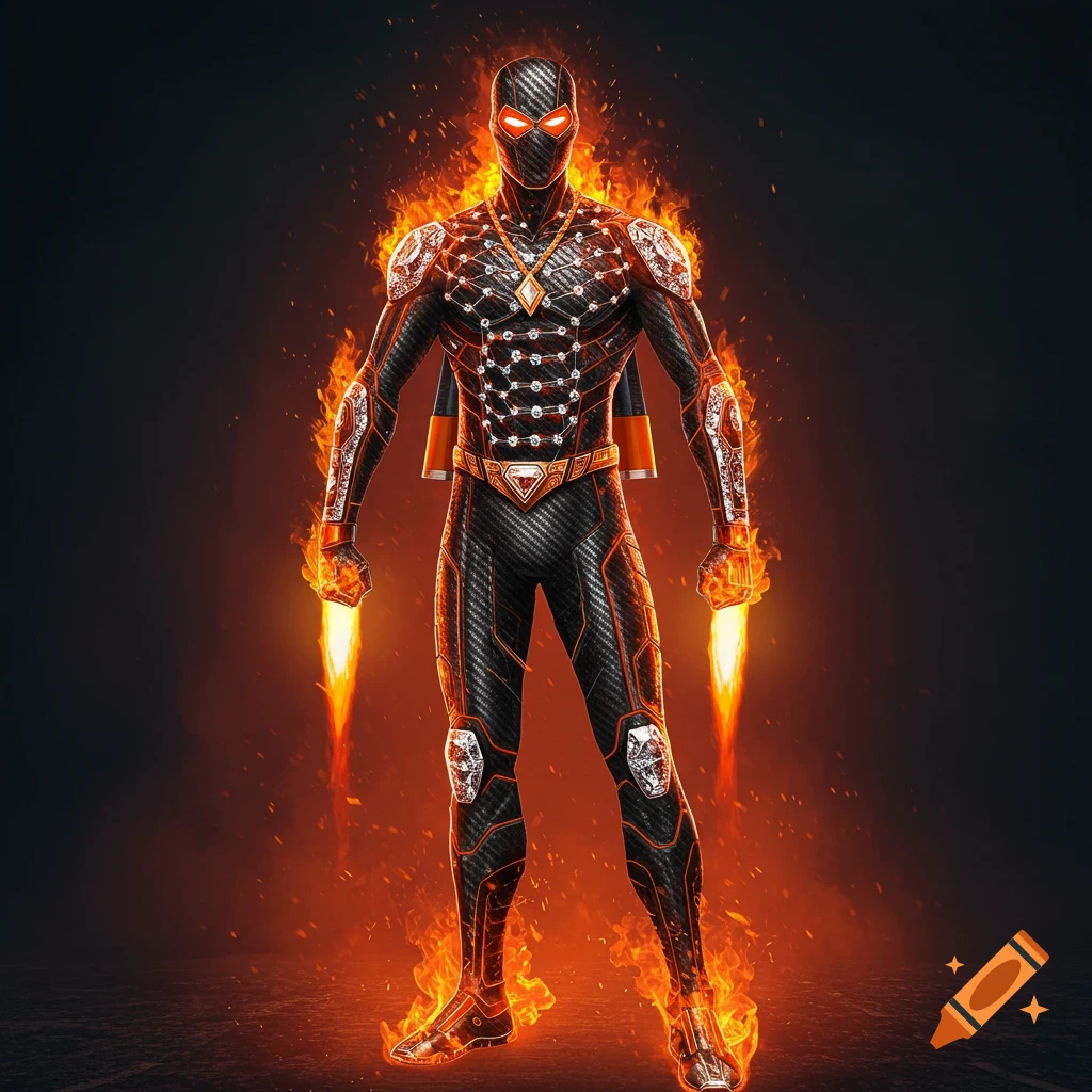 A superhero character made of carbon and fire with a futuristic suit and glowing eyes.