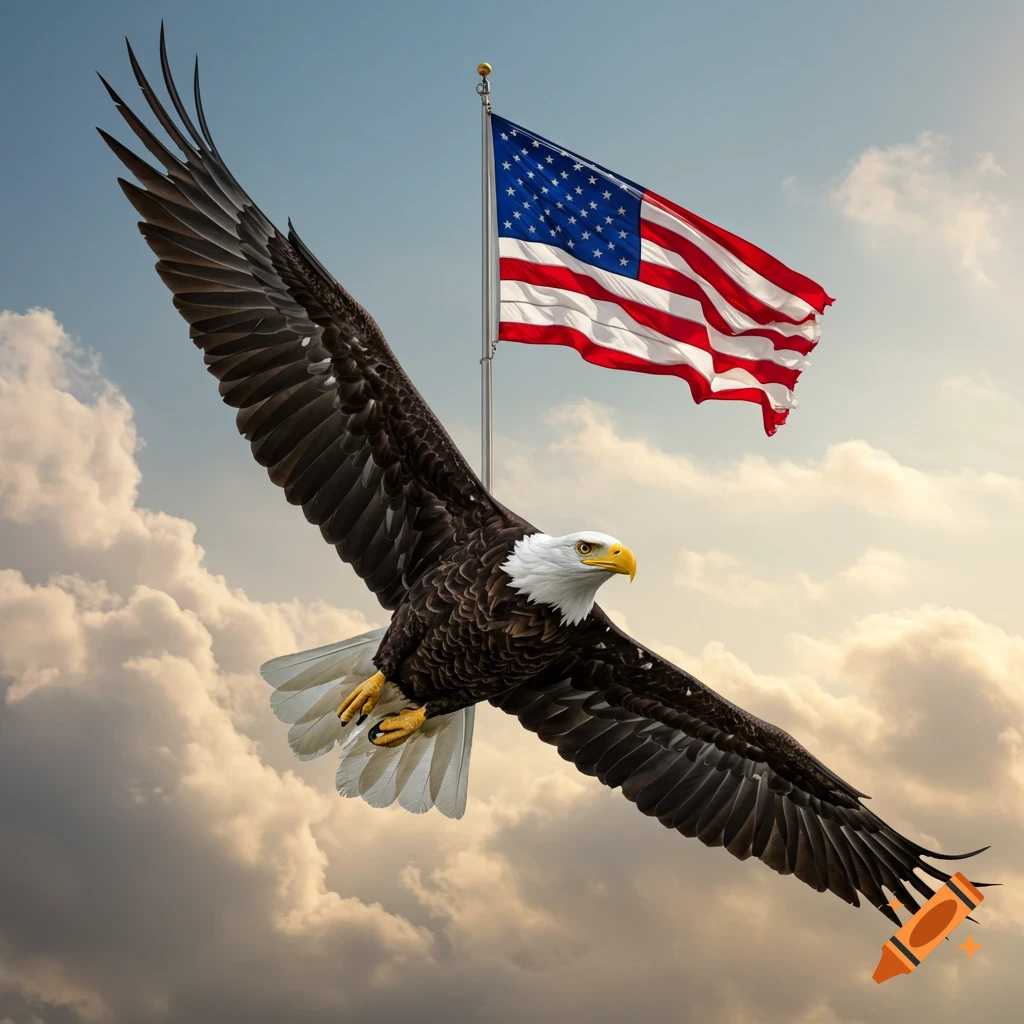 A bald eagle flies past a US flag under a cloudy sky with sunlight.