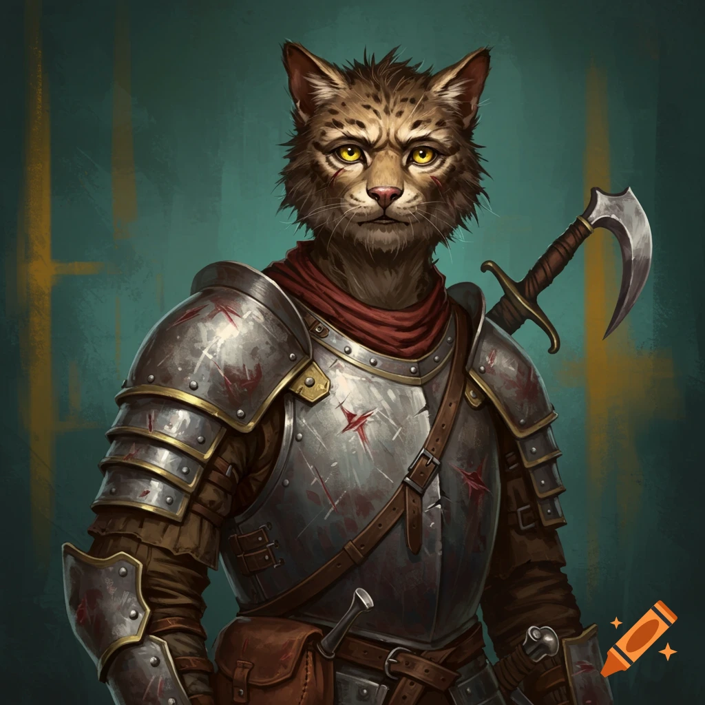 A Tabaxi guard in battle-worn armor.