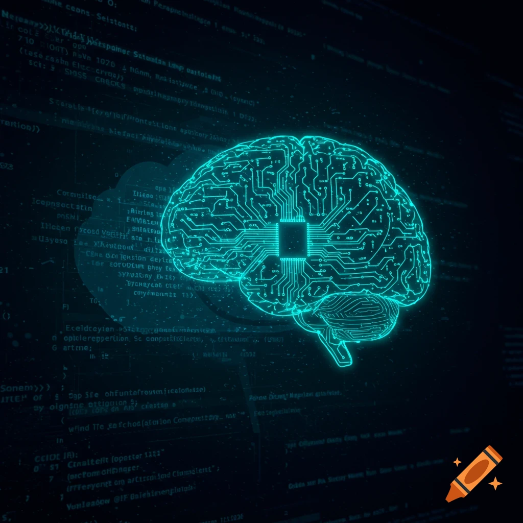 Glowing digital circuit brain on a dark background with abstract computer code.