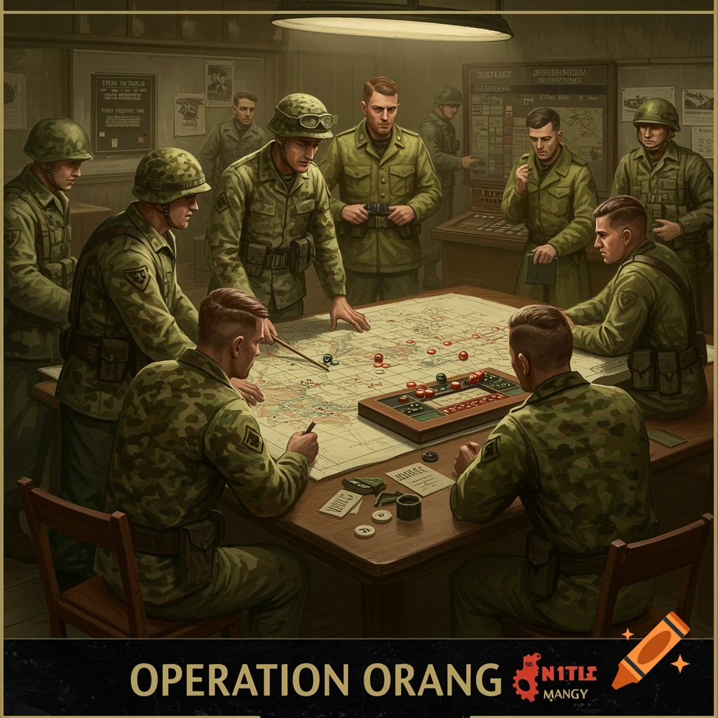 Soldiers in vintage military uniforms gathered around a strategy map on a table in a dimly lit room.