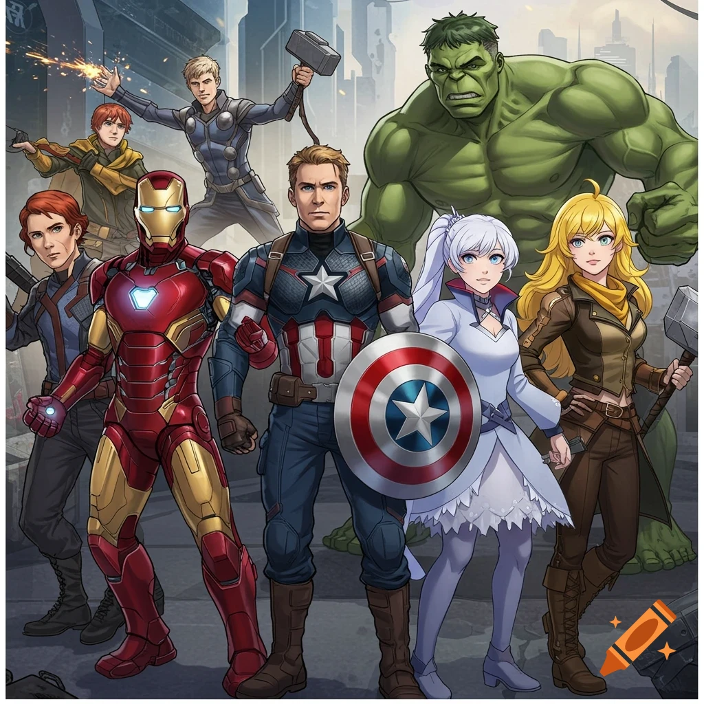 A group of Avengers and RWBY characters stand together in a city street, in an anime style.