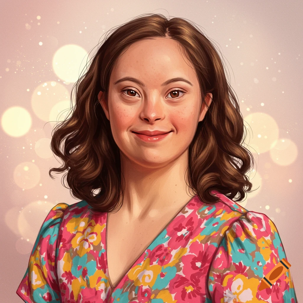 Portrait of a smiling young woman with brown hair wearing a colorful floral dress.
