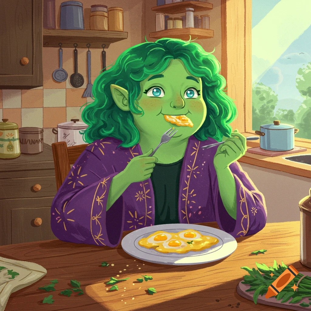 A green-skinned fantasy character with large ears and green hair eats fried eggs in a sunny kitchen.