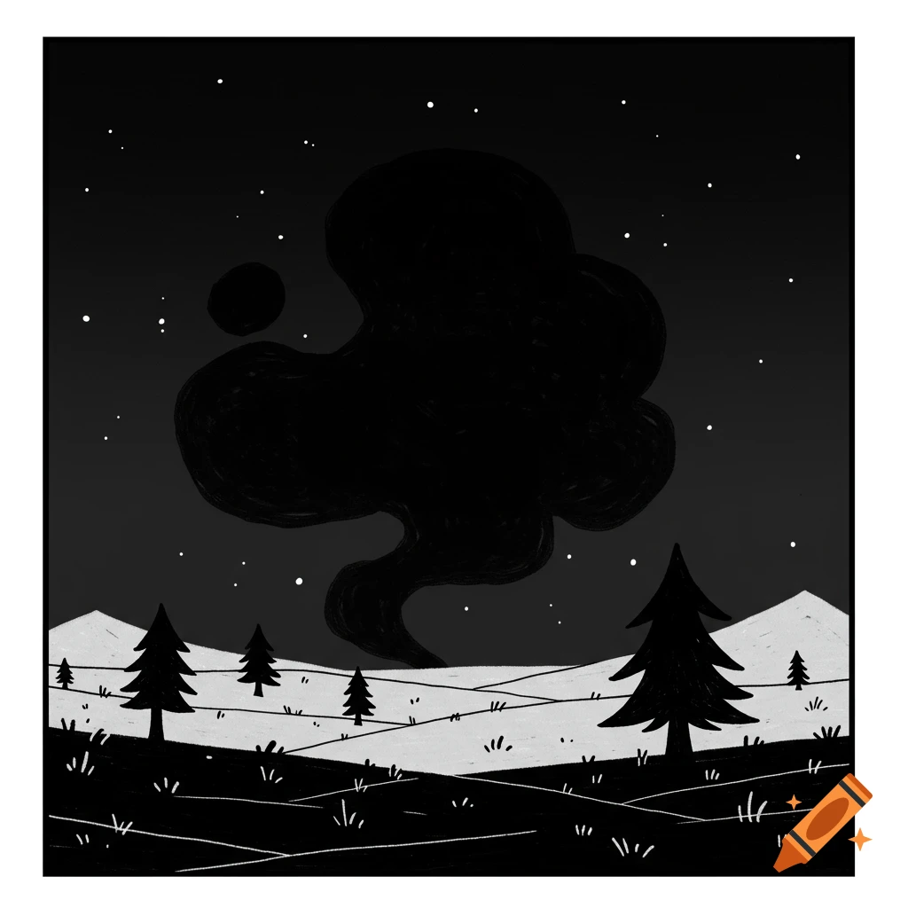 Stylized black and white illustration of a dark landscape at night with hills, trees, stars, and a large dark shape.
