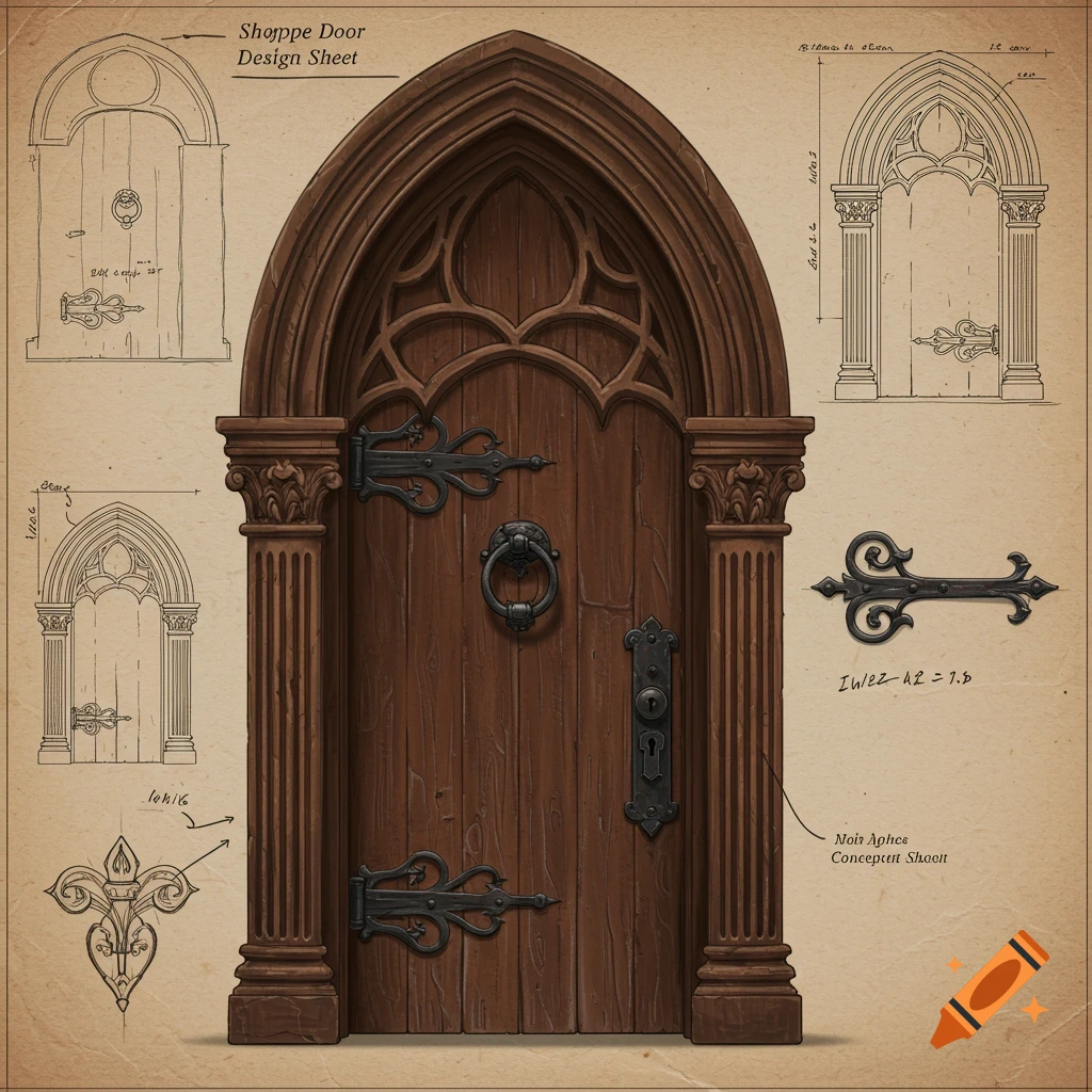 A detailed design sheet for a Gothic-style wooden door with iron hardware, featuring sketches, measurements, and annotations in a concept art style.