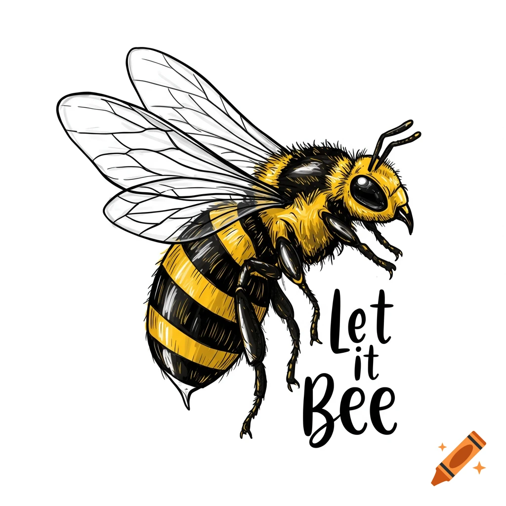 Stylized drawing of a bee with black and yellow stripes and the text 'Let it Bee'.