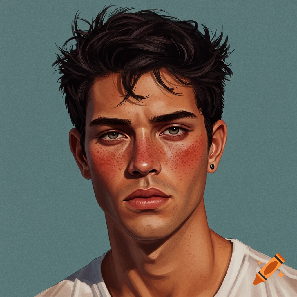 Portrait of a young man with freckles and dark hair.