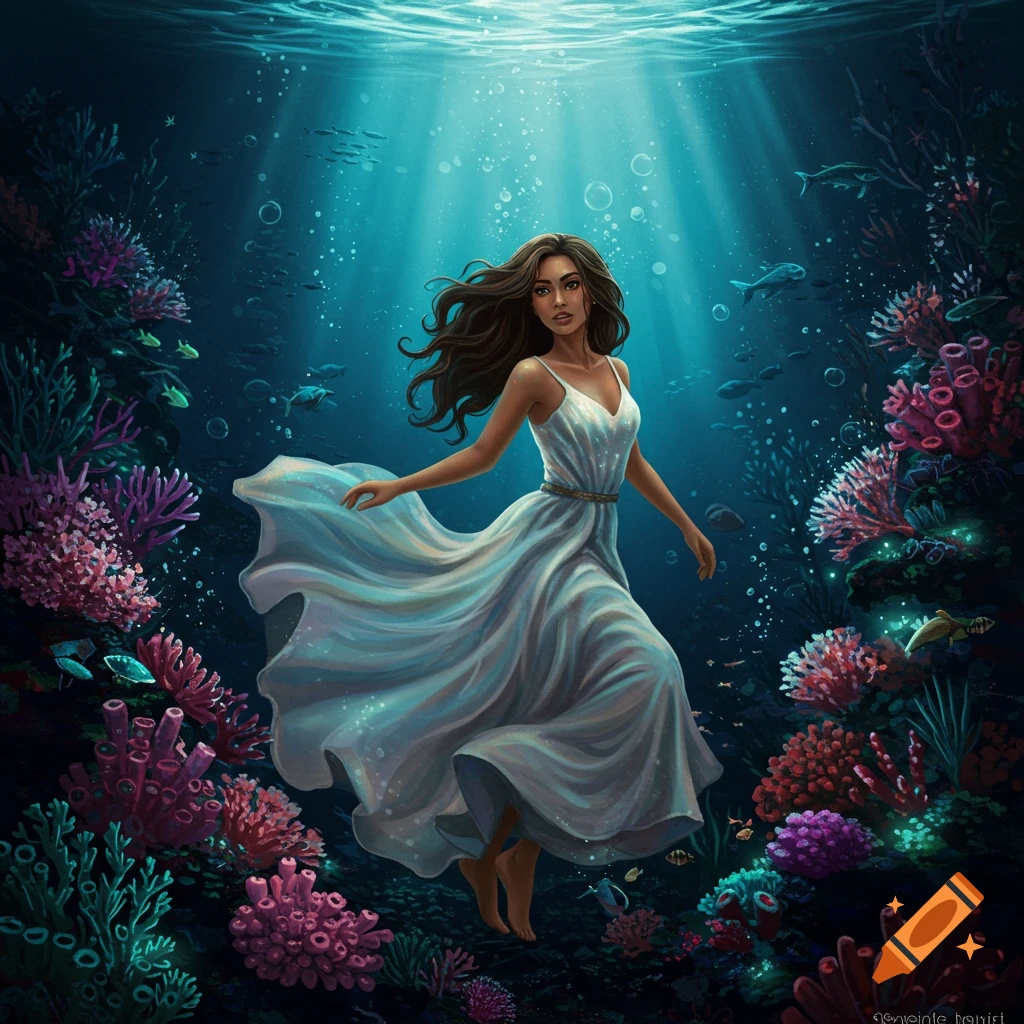 A woman in a white dress swimming in a coral reef underwater, illuminated by sunlight from the surface.