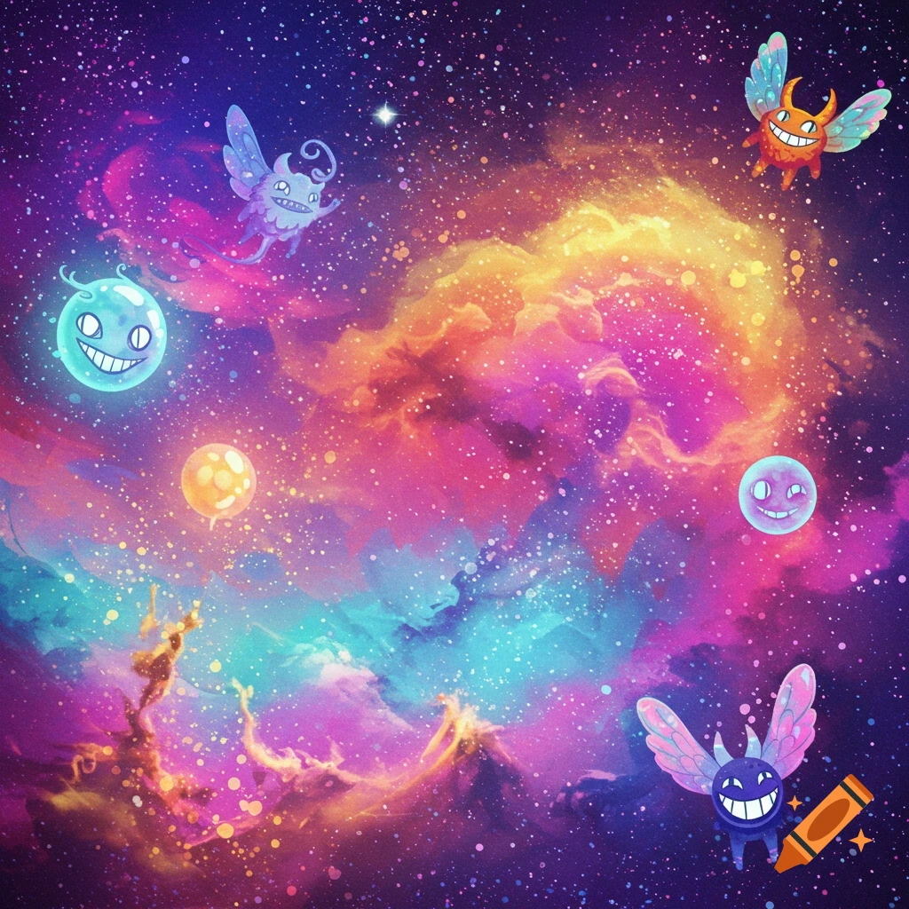 Colorful cartoon creatures float in a vibrant space nebula.