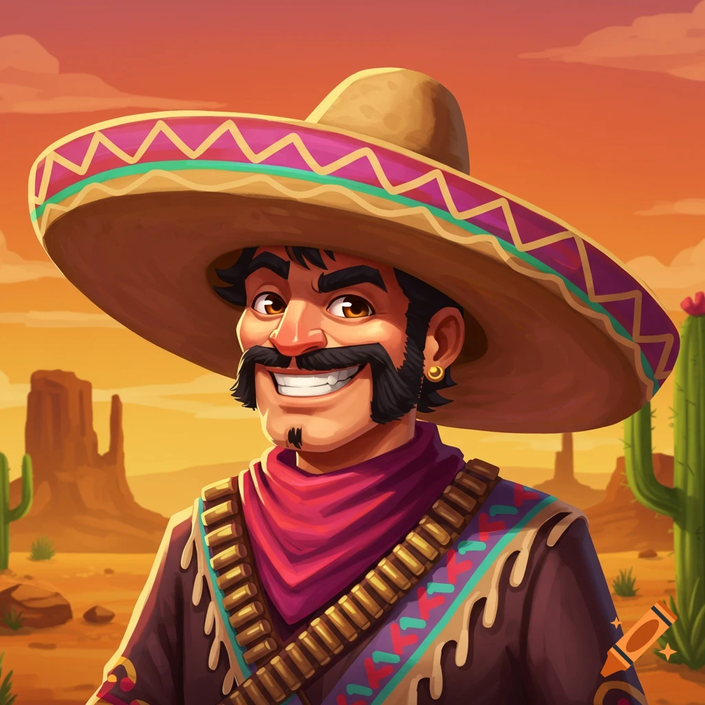 Smiling man in a sombrero in a desert landscape.
