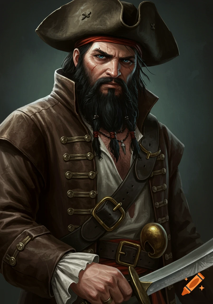 A rugged pirate with a black beard, an eye scar, and blue eyes, wearing a hat and a brown coat, holding a sword.