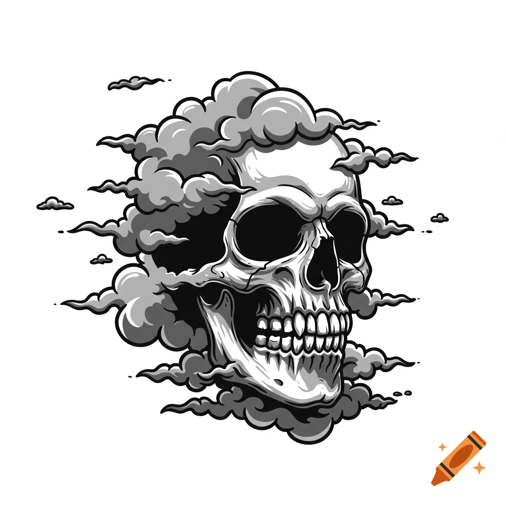 A vector illustration of a skull surrounded by clouds.