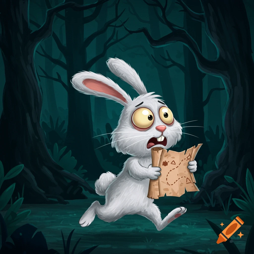 A scared cartoon rabbit runs through a dark forest, holding a map.