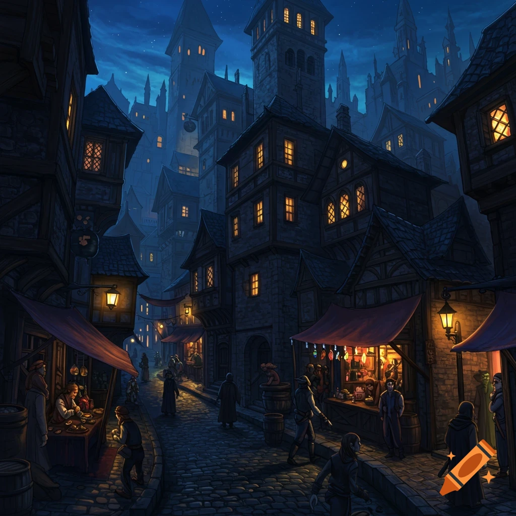A dark fantasy cityscape at night with medieval-style buildings, streetlights, and people on a cobbled street.