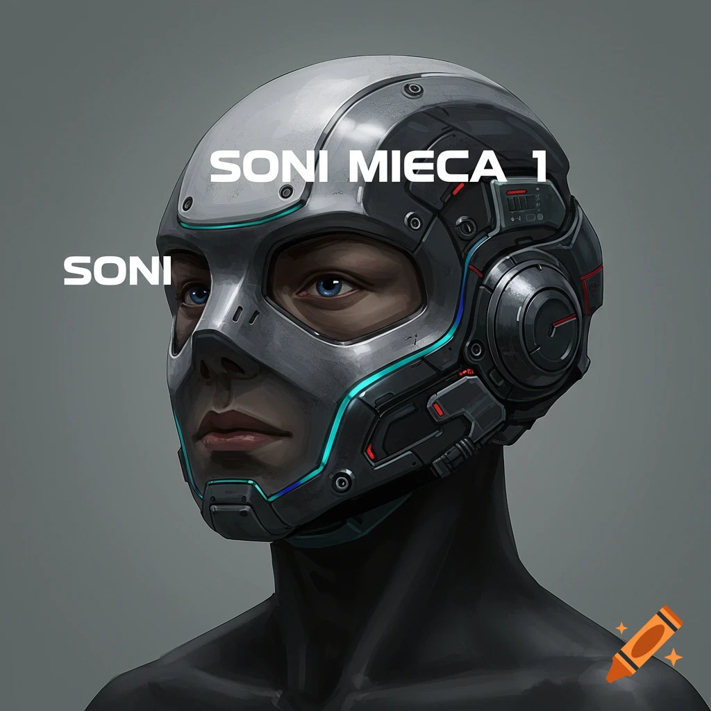 A person wearing a futuristic sci-fi helmet with text on it.
