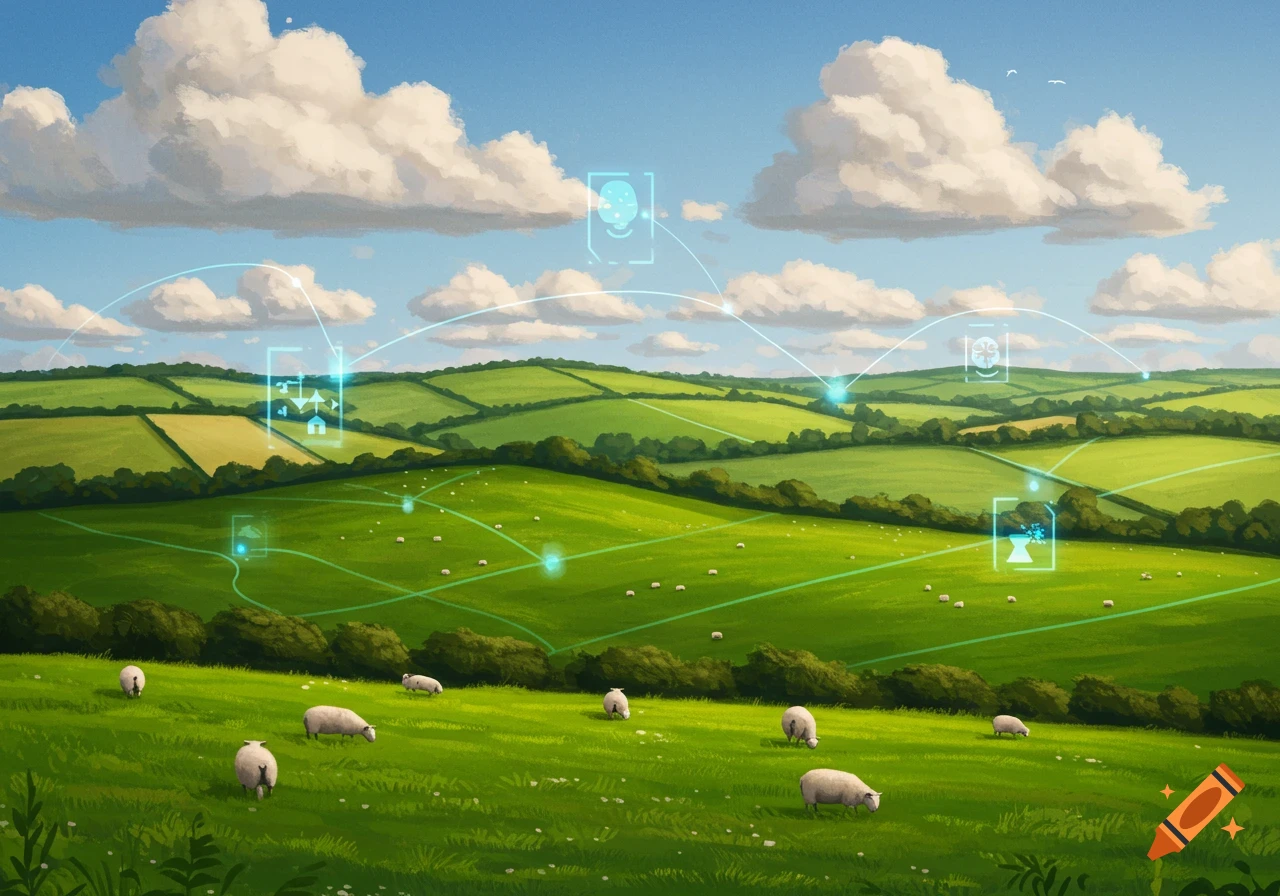 Rolling green hills with sheep, clouds, and a subtle tech overlay
