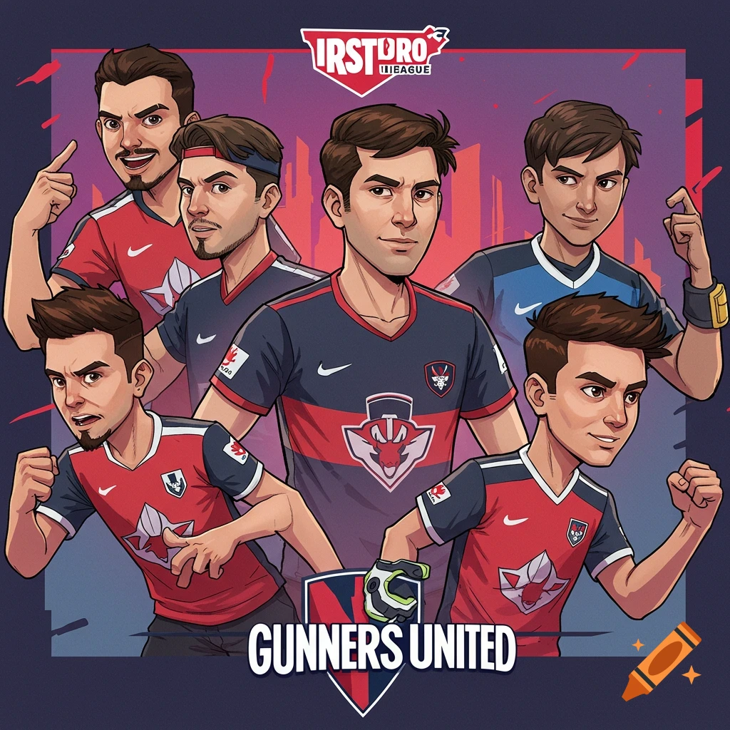 Cartoon style illustration of a group of male sports players in team jerseys with logos and text.