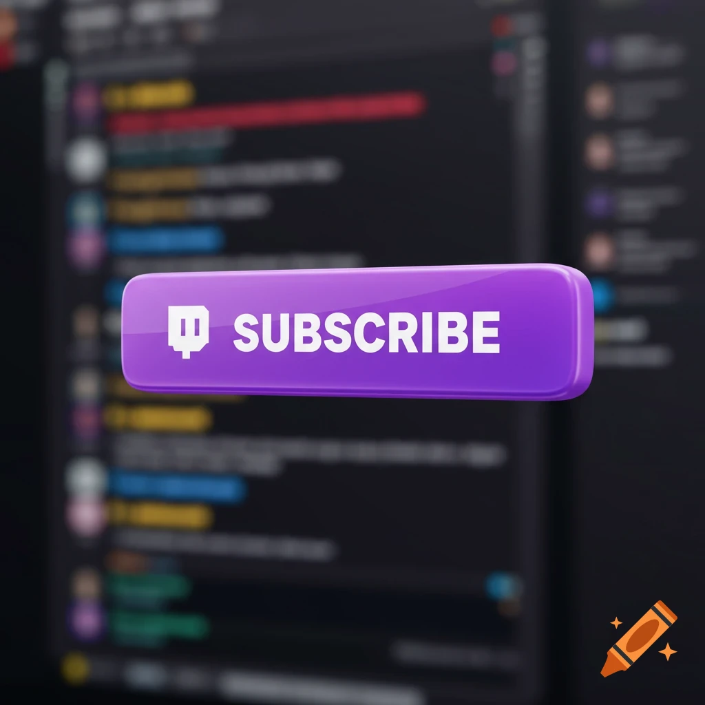 A purple 3D subscribe button with the Twitch logo in the foreground.