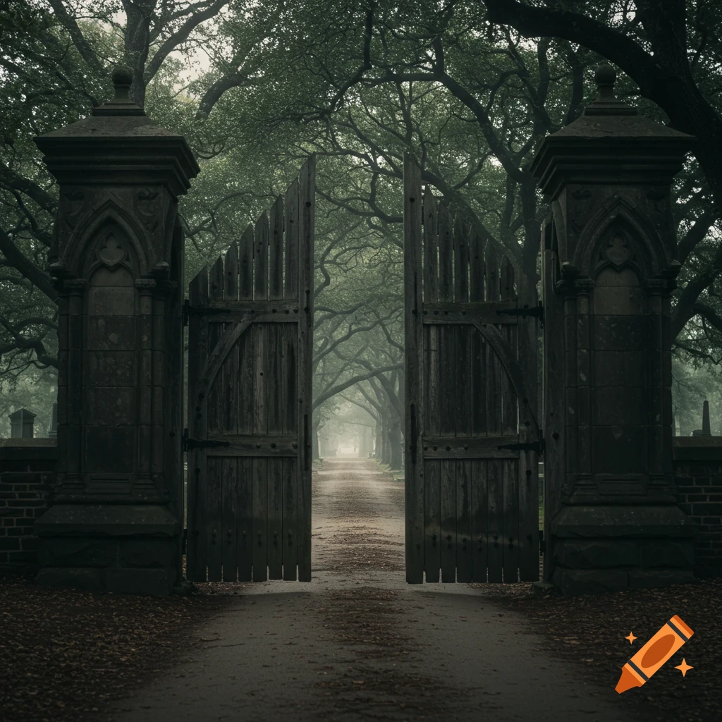 An open wooden gate and stone pillars at the entrance to a misty cemetery with a path leading through a tunnel of trees.