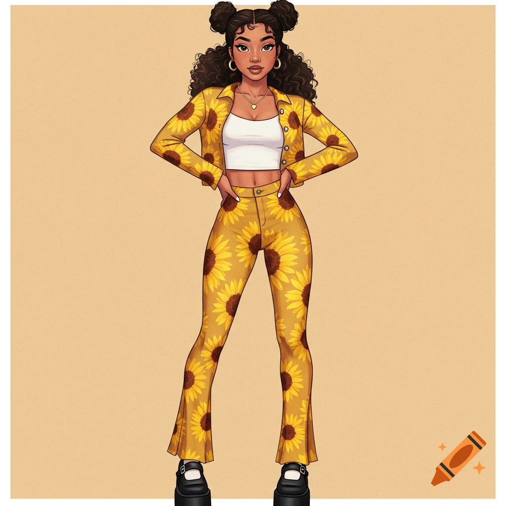 A girl in a sunflower suit with space buns.