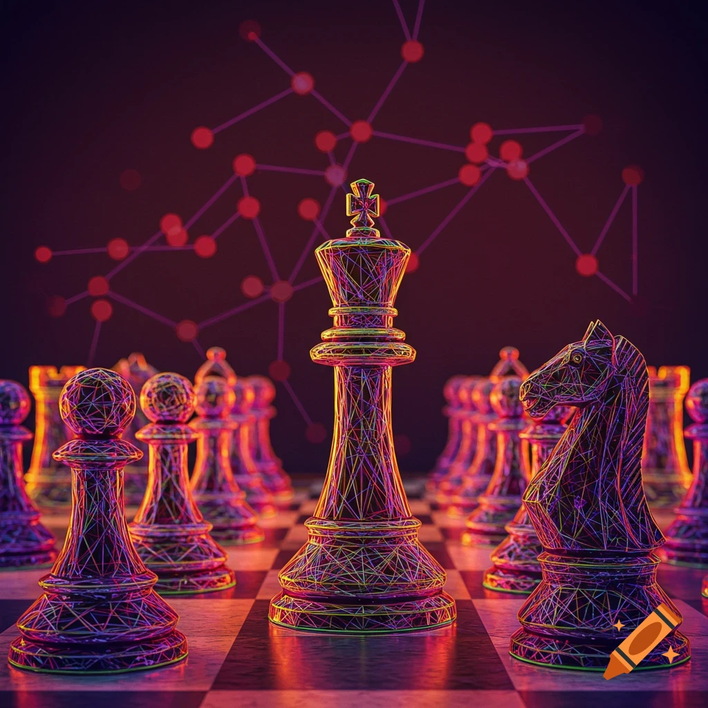 Digital art of wireframe chess pieces on a chessboard with a glowing network graph background.