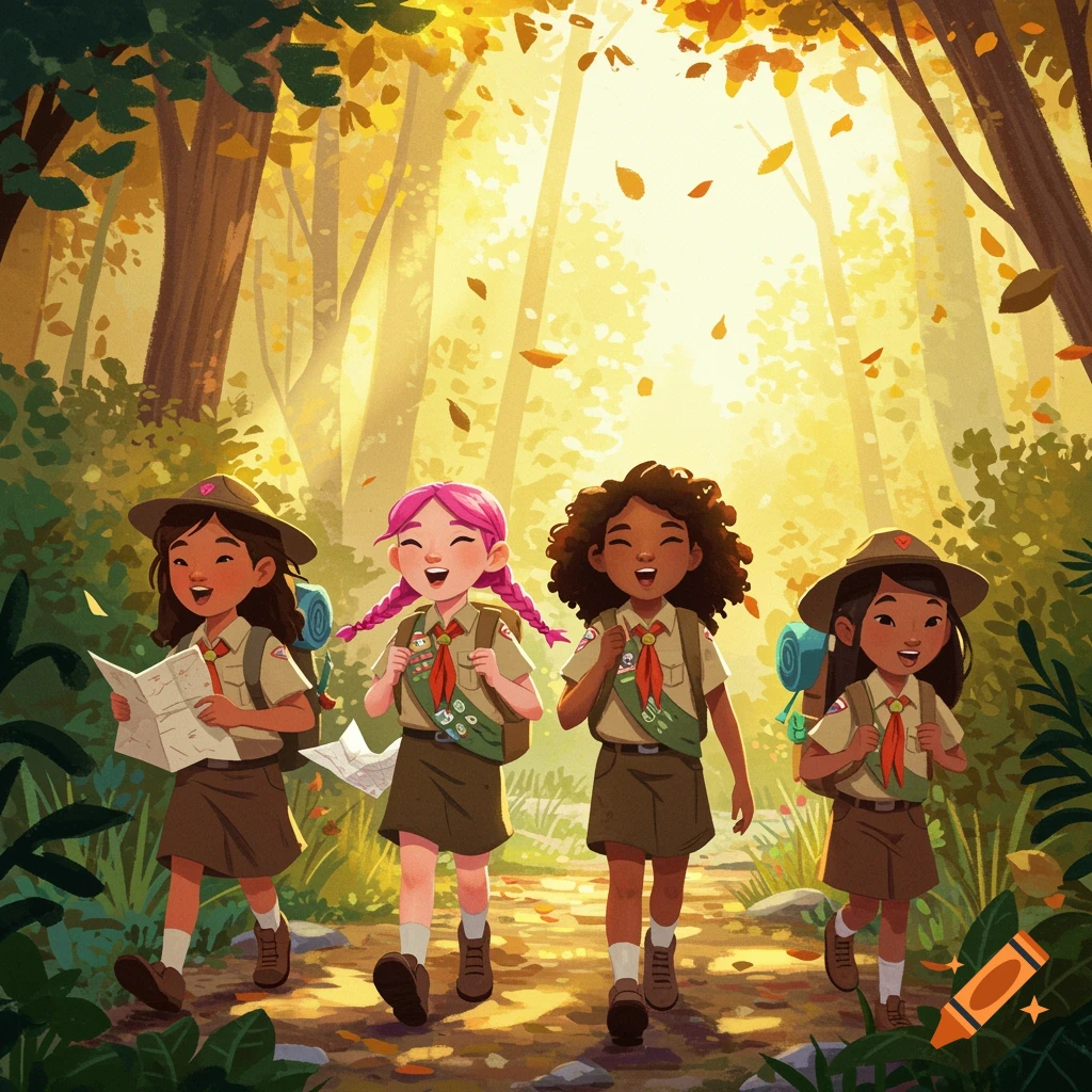 Four diverse girls in scout uniforms hiking through a sun-dappled forest in an illustrative style.