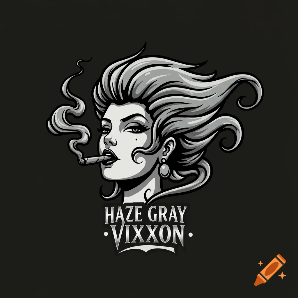 Grayscale illustration of a woman with stylized hair smoking a cigarette, with text 'HAZE GRAY VIXXON' below.