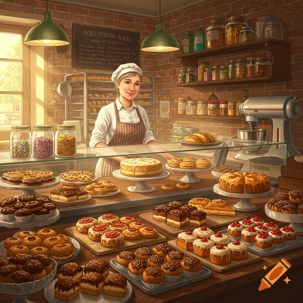 A baker is smiling behind a counter filled with pastries and cakes in a bake shop.