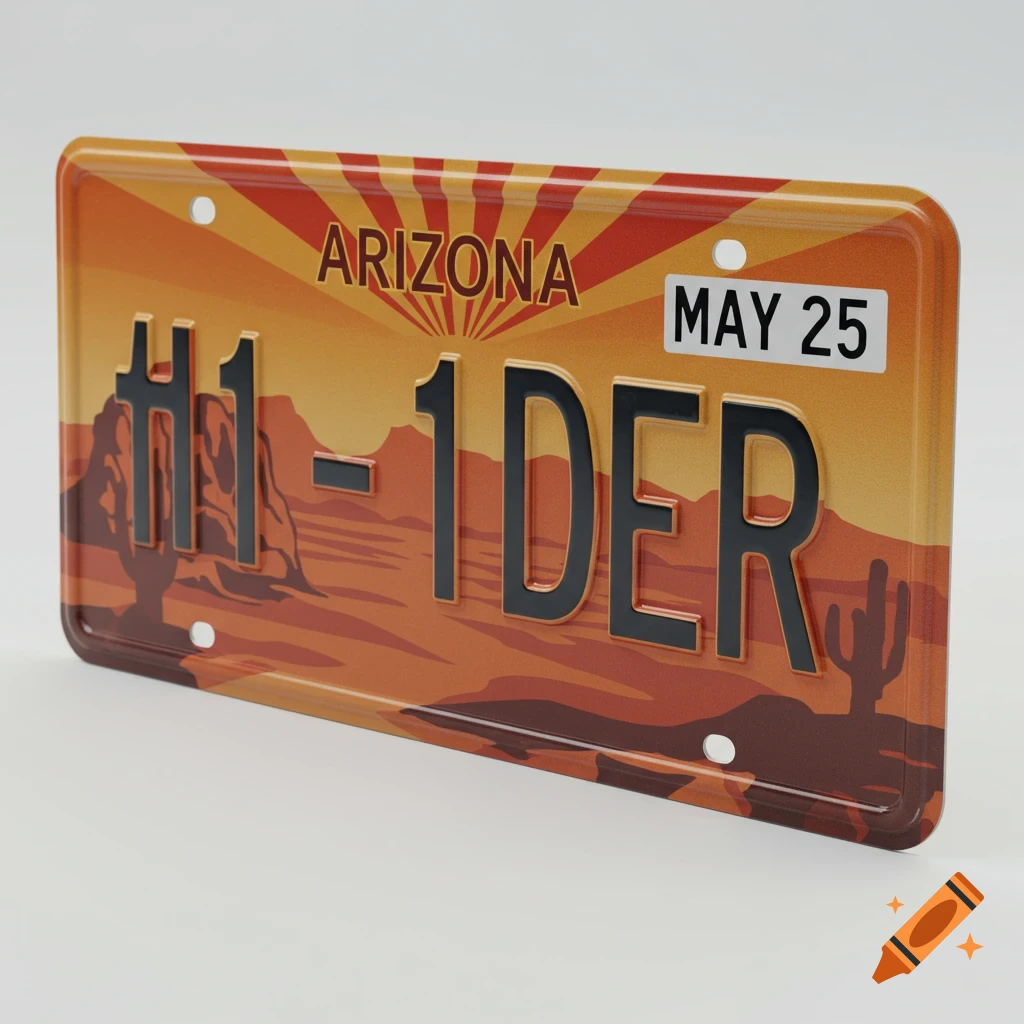 Arizona license plate with text #1 - 1DER and May 25, featuring a desert scene background.