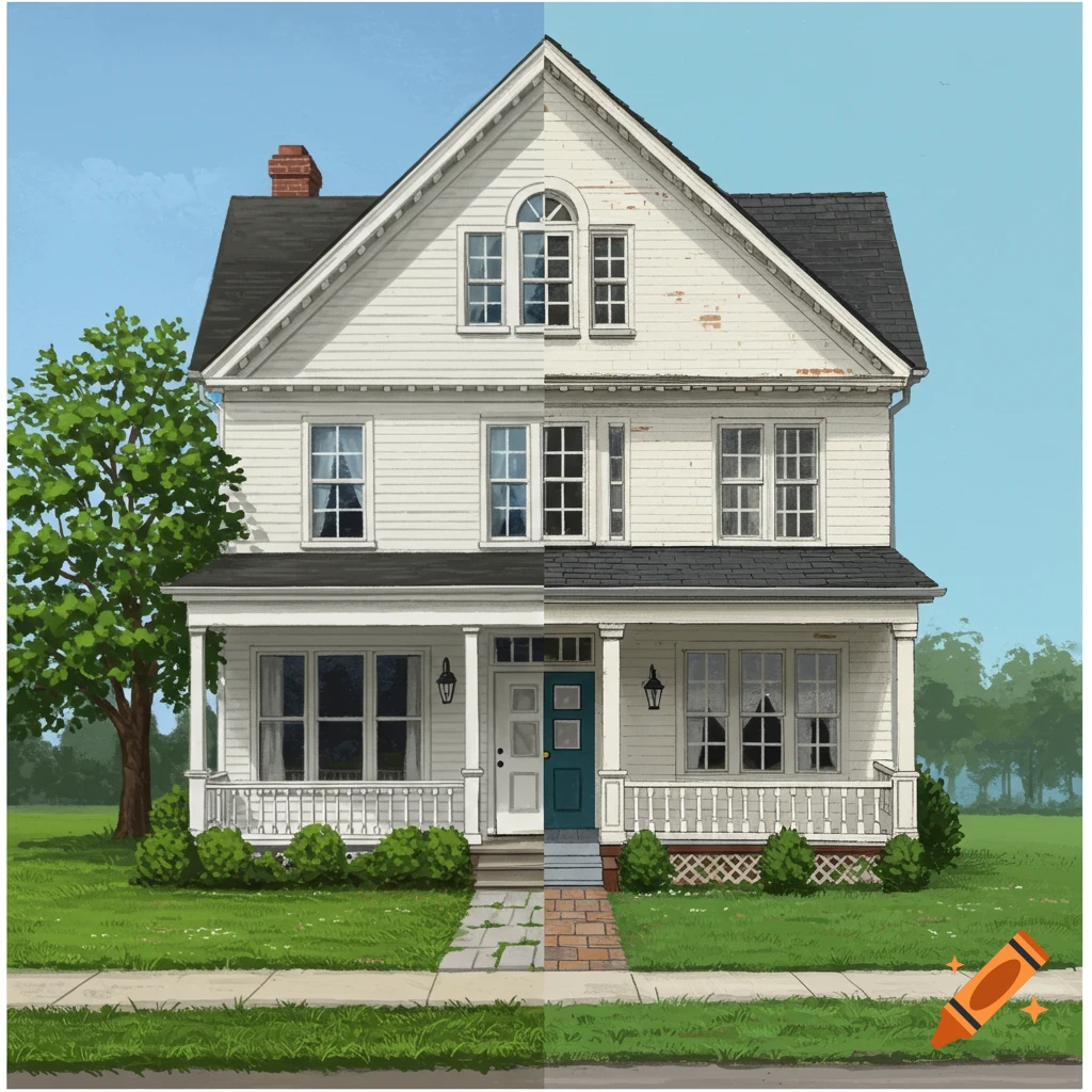 Digital illustration of a house split vertically, one side normal, the other LEGO-like.