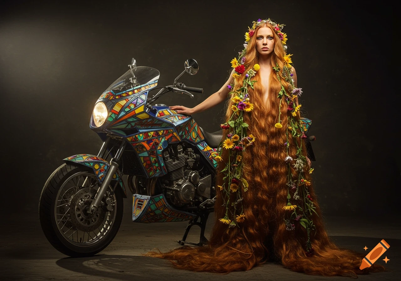 Woman with long red hair adorned with flowers posing next to a motorcycle painted in stained glass style.