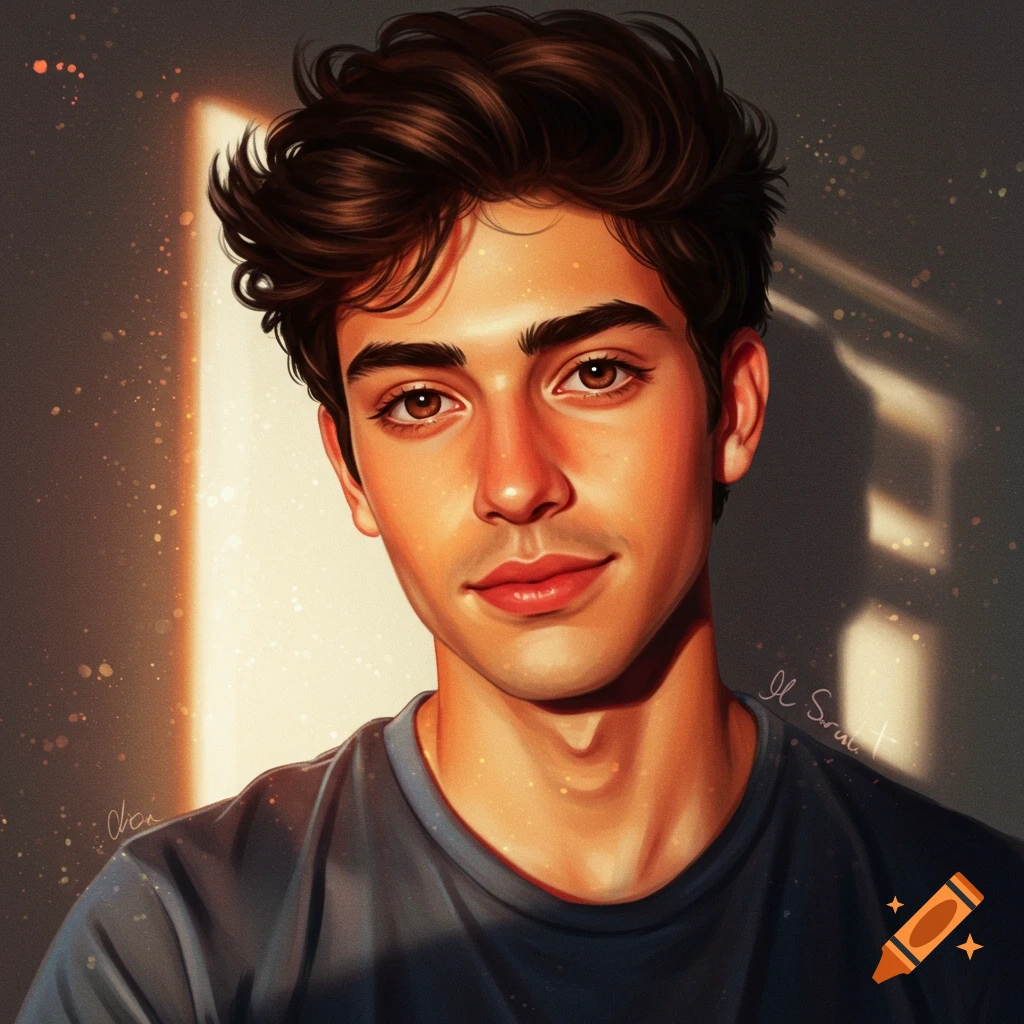 A young man looking directly at the camera with warm sunlight effects.