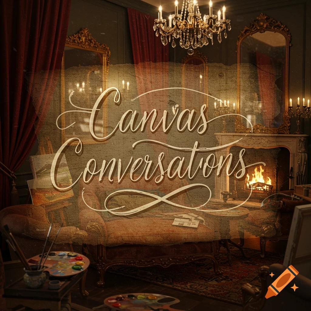 A classical salon interior with a fireplace, mirrors, art supplies, and the words 'Canvas Conversations' overlaid.