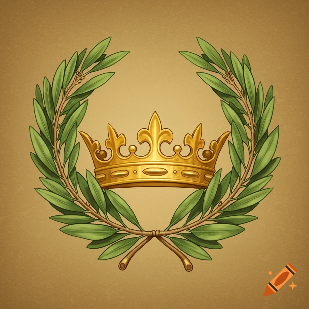 A golden crown inside a green olive wreath on a brown background.