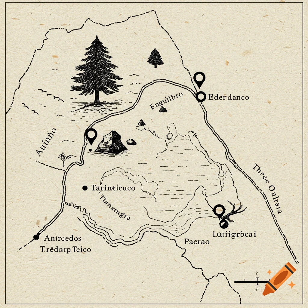 A black and white hand-drawn fantasy map showing geographical features, locations marked with symbols, and labels.