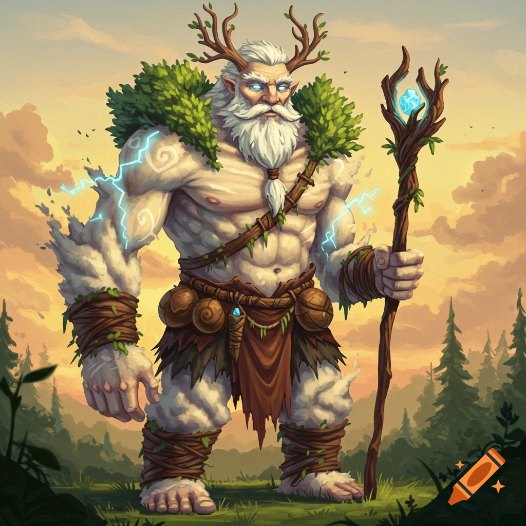 A cloud giant druid with tree antlers and leafy shoulders holding a staff, standing in a forest.