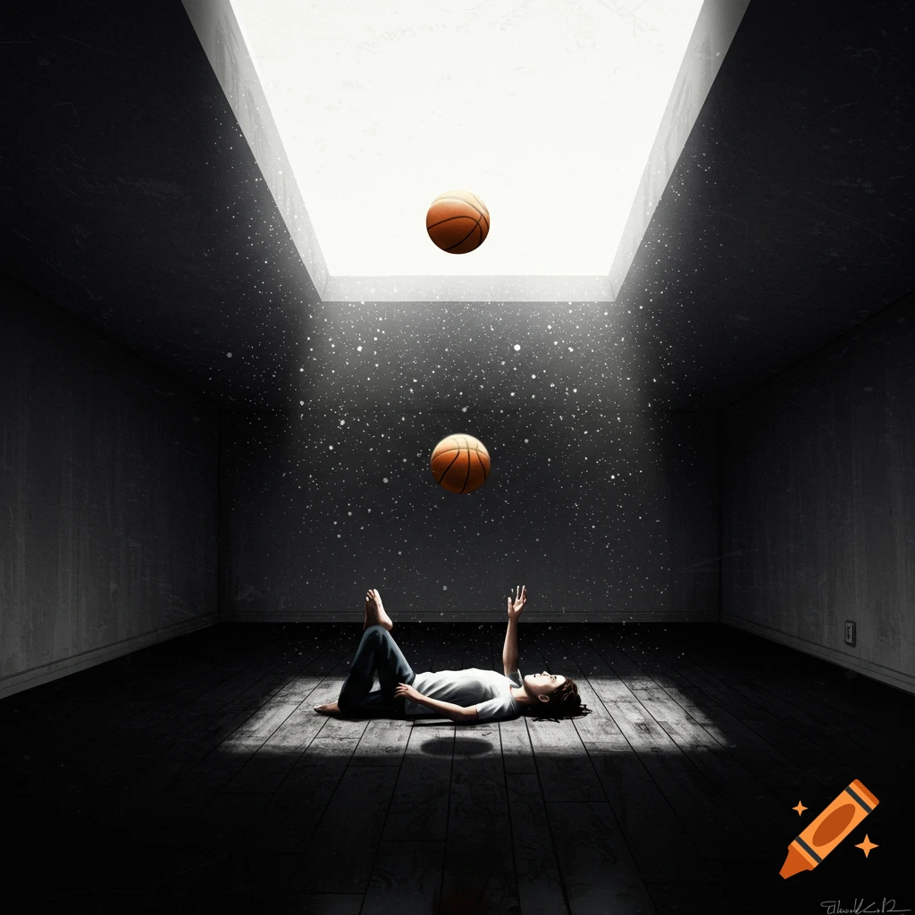 Illustration of a person lying on the floor of a dark room under a light well, juggling two basketballs.