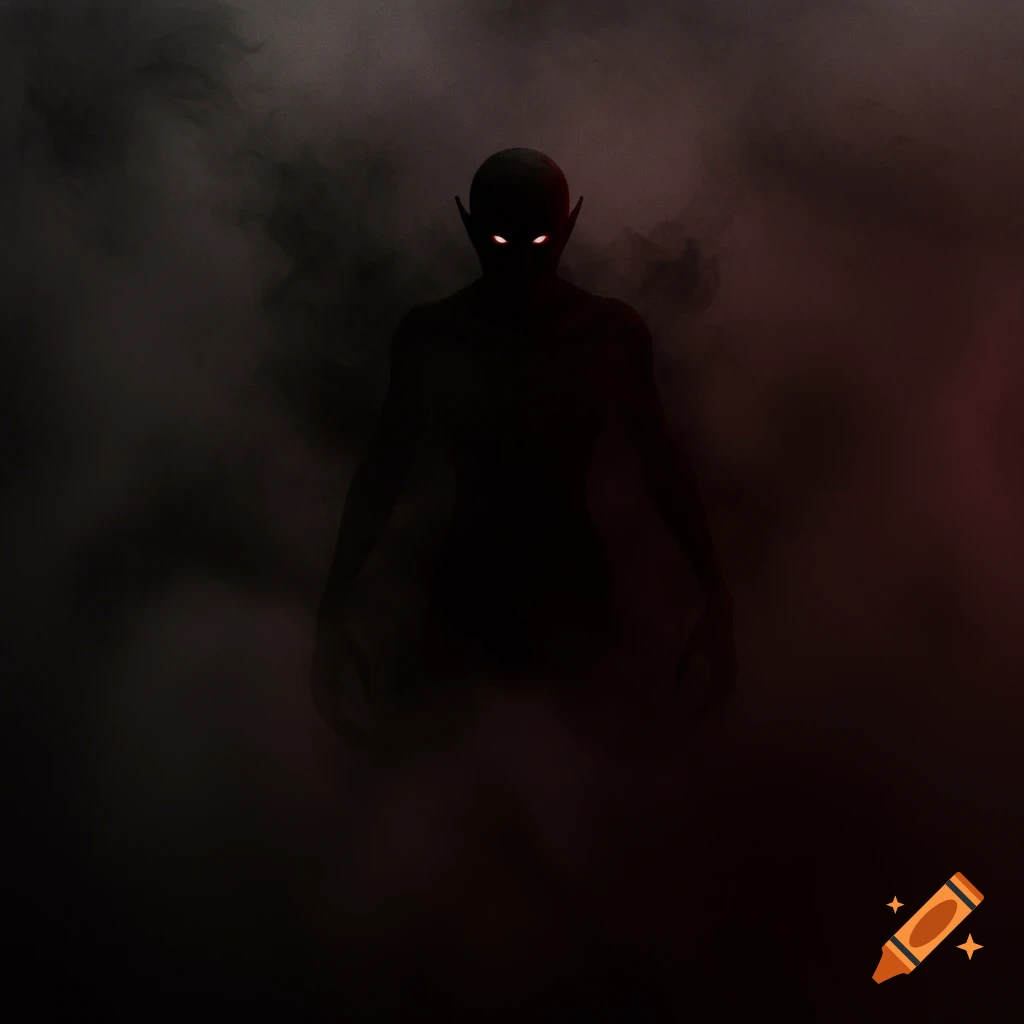Silhouette of a creature with glowing red eyes and pointed ears emerging from dark fog.