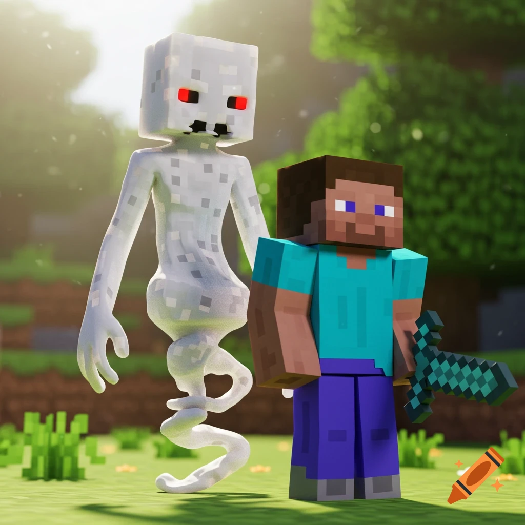 Steve from Minecraft stands with a ghostly figure holding a diamond sword in a vibrant 3D render scene.