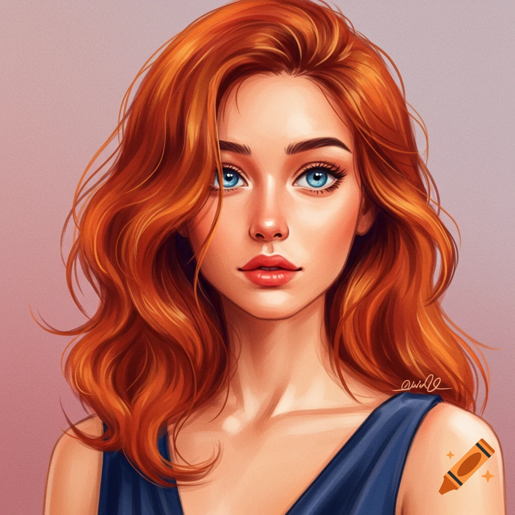 A woman with red hair and blue eyes.