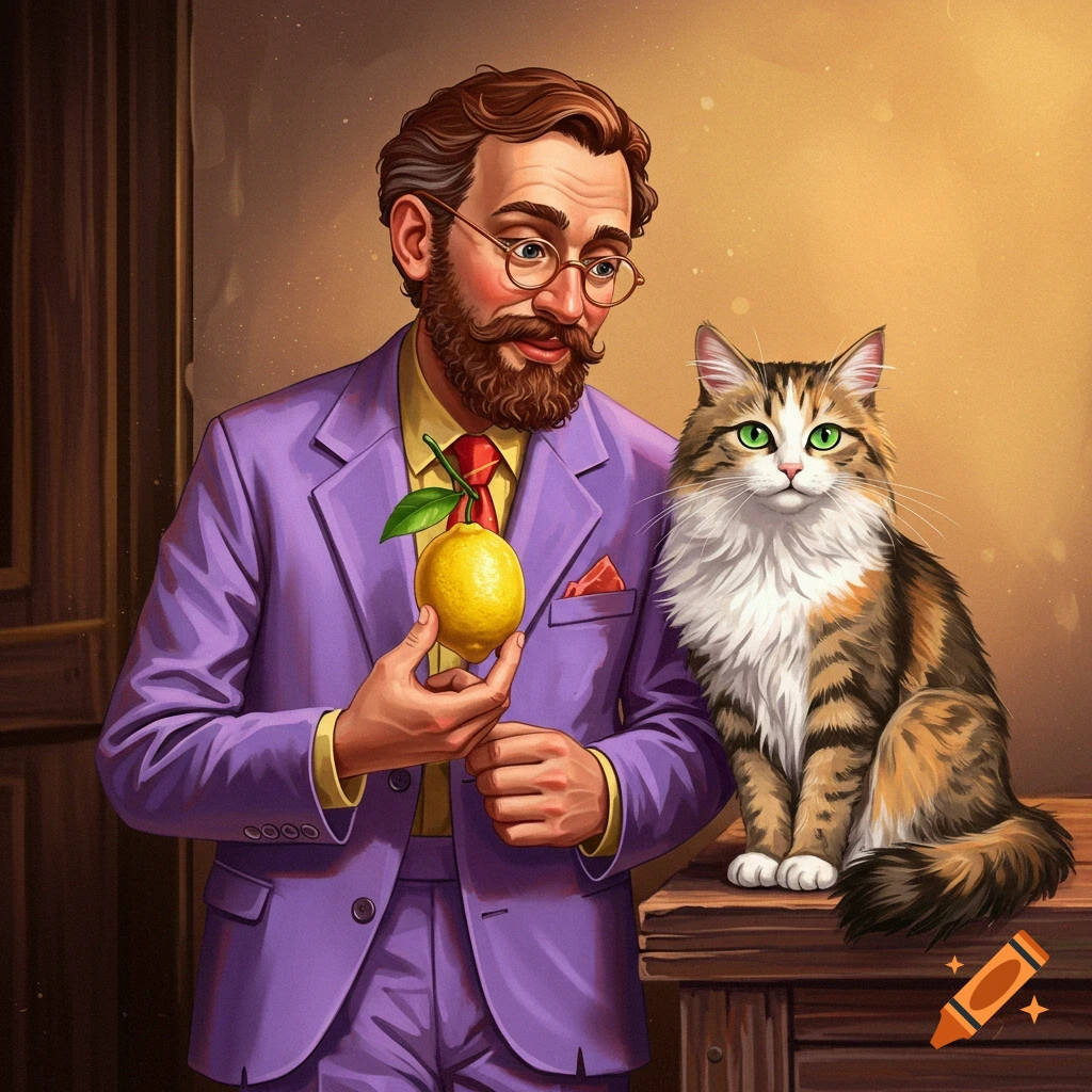 A man in a purple suit is holding a lemon while standing next to a cat.