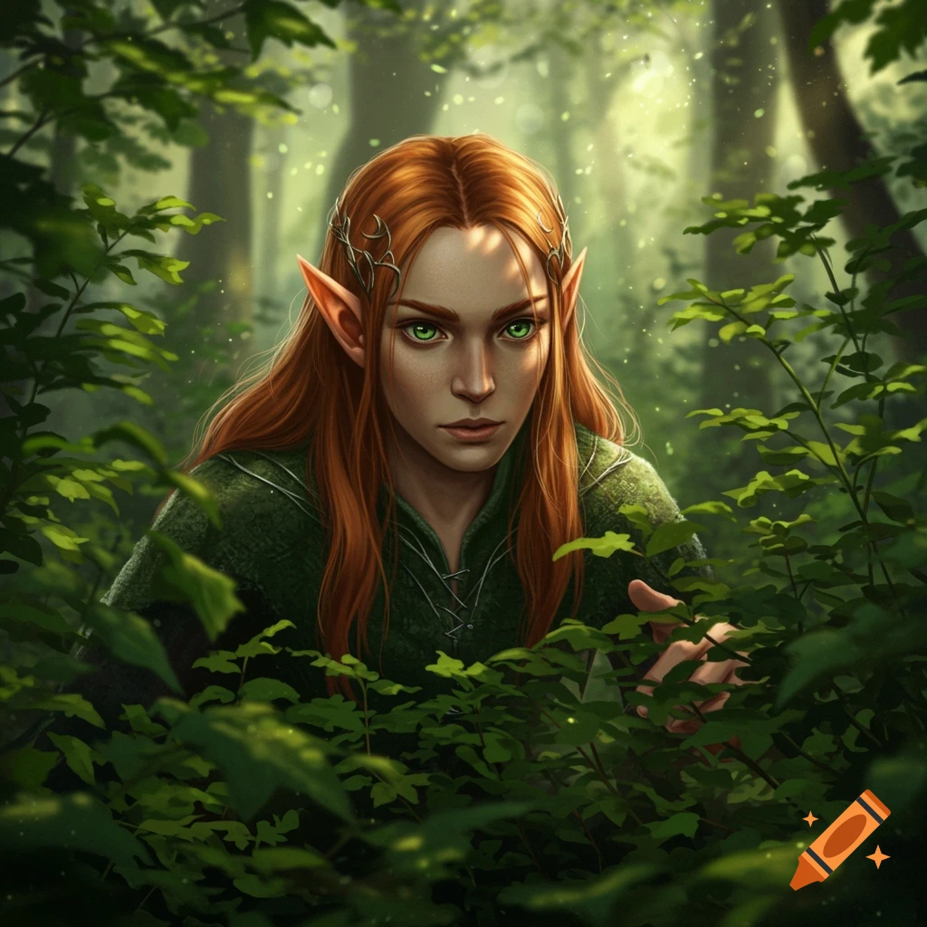 An elf with red hair and green eyes peeking from behind foliage in a forest.