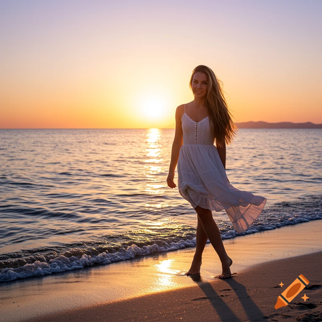 A woman in a white dress walks along a beach at sunset.