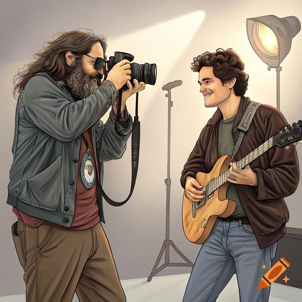 Stylized illustration of a photographer taking a picture of a man playing a guitar in a studio.